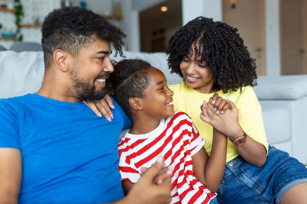 Loving Diverse Parents Spend Time Little Adorable Daughter Have Fun — Stock Photo, Image