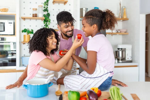 かわいい娘がいるアフリカ系アメリカ人の家族は 食事の自然な栄養を準備し サラダのための新鮮な野菜を切り 子供の世話をする親は有機食品を食べる 家で週末の活動 — ストック写真