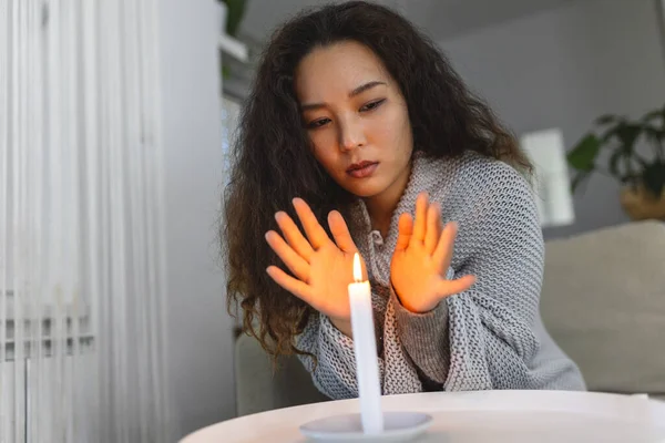 Burning Candle Women Trying Heat Her Hands Dark Home Shutdown — Foto de Stock