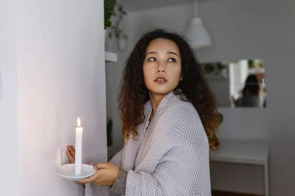 Energy Crisis Hand Complete Darkness Holding Candle Trying Turn Light — Stockfoto