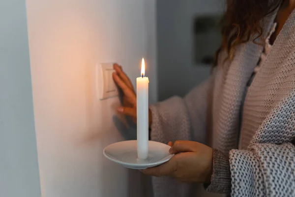 Energy Crisis Hand Complete Darkness Holding Candle Trying Turn Light — Stockfoto