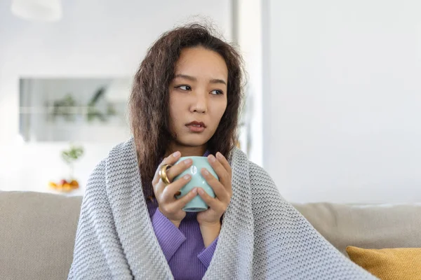 Sick Young Asian Woman Sitting Home Bed Hot Cup Tea — 图库照片
