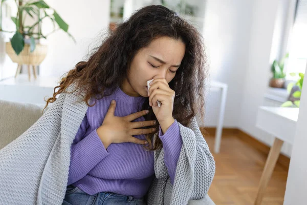 Cold Flu Cough Sick Woman Coughing Sitting Sofa Home Asian — Foto de Stock