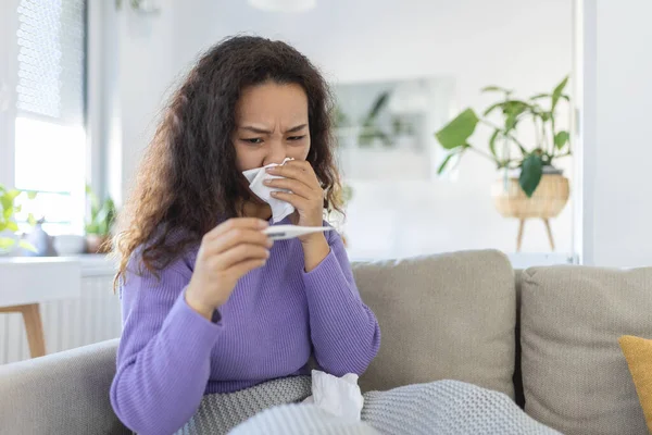 Sick Day Home Young Asian Woman Has Runny Common Cold — Foto de Stock