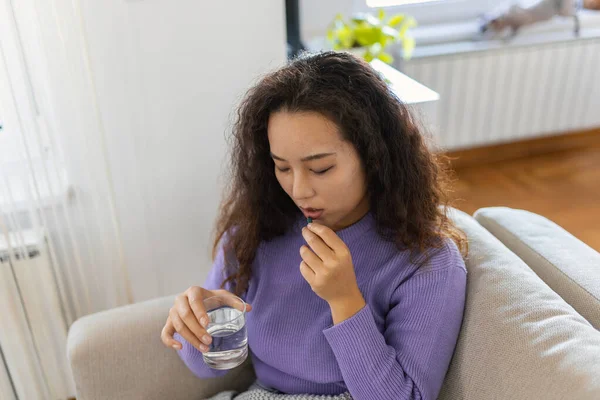 Asian Ill Sick Woman Taking Painkiller Medicine Relieve Stomachache Pain — Stock Photo, Image