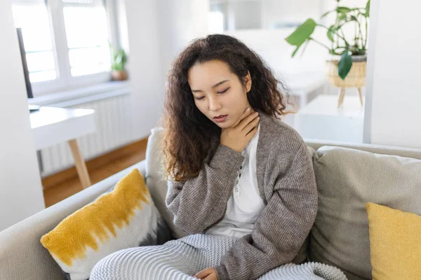 Sick Day Home Young Asian Woman Has Sore Throat Common — Zdjęcie stockowe