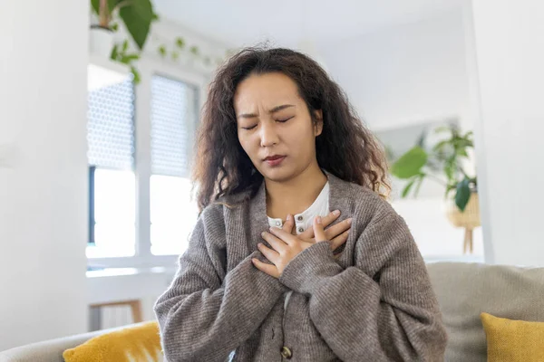 Stressed Young Asian Woman Feeling Pain Touching Chest Suffer Heartache — Zdjęcie stockowe