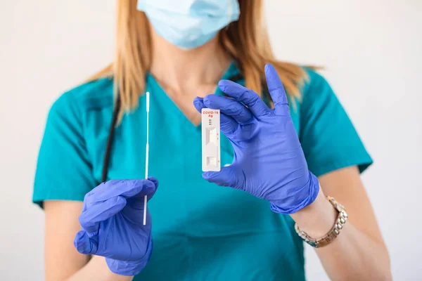 Covid Virus Disease Diagnostic Doctor Holding Coronavirus Test Cassette Rapid — Stock Photo, Image