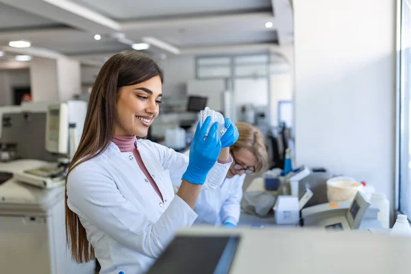 Female Medical Research Scientist Looks Biological Samples Analysing Digital Microscope — Stock Photo, Image