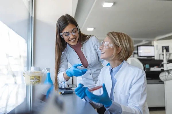 Modern Medical Research Laboratory Two Scientists Working Together Analysing Chemicals — Stock Photo, Image