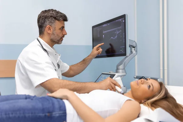 Cancer prevention. Health and medicine. Patient woman from the endocrinologist for thyroid gland ultrasound. Young Woman Doing Neck Ultrasound Examination At Hospital
