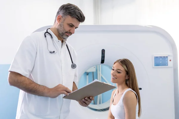 Female Patient Taking Seat Asking Questions Scan Crop Medical Practitioner — Stock Photo, Image