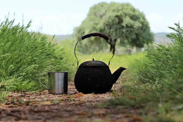 Schwarze Teekanne Und Metallbecher — Stockfoto