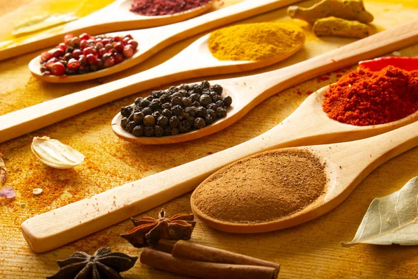 Various Spices Wooden Spoons — Stock Photo, Image