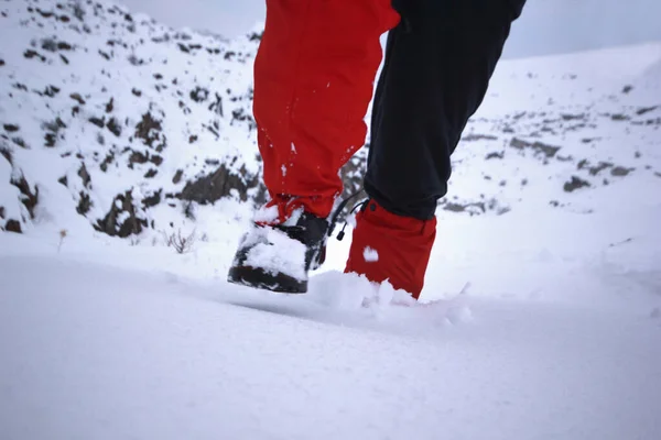 Montañista Mujer Senderismo Nieve — Foto de Stock