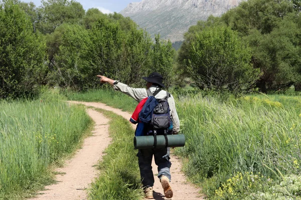 バックパッカーの緑の中を歩く 自然愛好家 — ストック写真