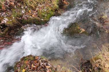 Dar bir yolda akan güzel bir su akıntısının yakın görüntüsü.