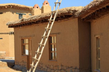 Toprak evin duvarına dayanan merdiven.