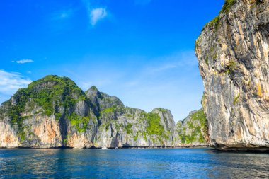 Tayland 'daki Phi Phi Adaları' ndaki Maya Körfezi 'nin güzel tropikal manzarası. Cennet manzarası, kumlu plaj ve yeşil kayaların olduğu en ünlü yerlerden biri. 