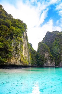 Tayland 'daki Phi Phi Adaları' ndaki Maya Körfezi 'nin güzel tropikal manzarası. Cennet manzarası, kumlu plaj ve yeşil kayaların olduğu en ünlü yerlerden biri. 