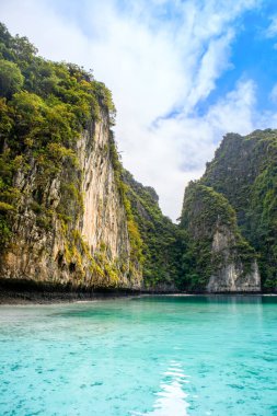 Tayland 'daki Phi Phi Adaları' ndaki Maya Körfezi 'nin güzel tropikal manzarası. Cennet manzarası, kumlu plaj ve yeşil kayaların olduğu en ünlü yerlerden biri. 
