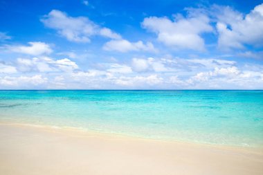Saadiyat Adası, Birleşik Arap Emirlikleri 'ndeki turkuaz suyu ile kumlu plajın güzel manzarası.