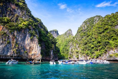 Phi Phi, Tayland - 23 Kasım 2023: Maya Körfezi yakınlarındaki tekneleri ve yatları gezmek - cennet manzaralı en ünlü yerlerden biri, kumlu sahil ve yeşil kayalıklar 