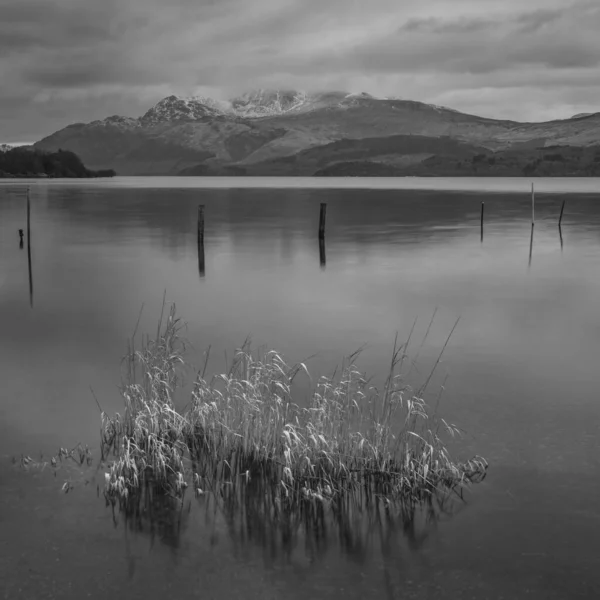 Blanco Negro Impresionante Imagen Paisaje Loch Lomond Cordillera Nevada Distancia — Foto de Stock