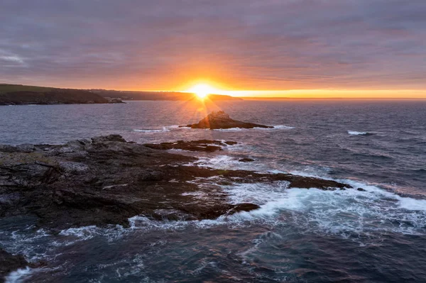 stock image Stunning aerial drone landscape image of Prussia Cove at sunrise in Cornwall England with atmospheric moody sky and clouds