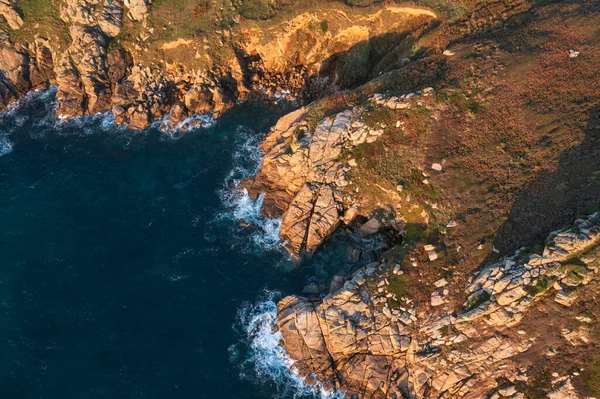 Aerial Drone Landscape Image Minnack Theatre Headland Porthcurno Beach Cornwall — Stock Photo, Image