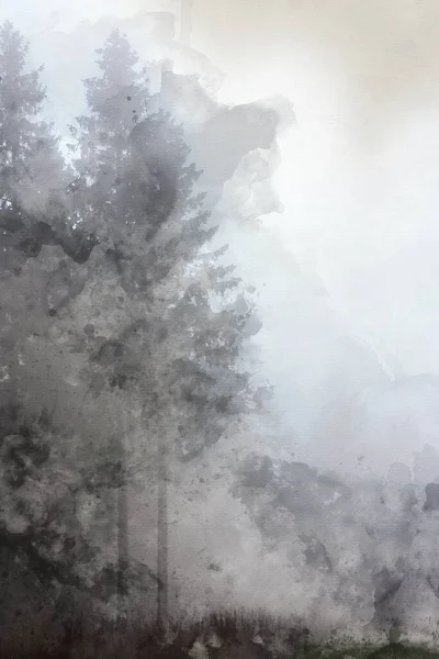 大気霧林のデジタル水彩画秋の風景 — ストック写真