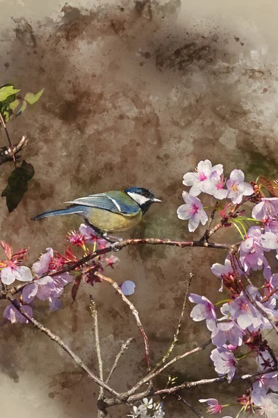 Digital Watercolor Painting Beautiful Spring Landscape Image Great Tit Bird —  Fotos de Stock