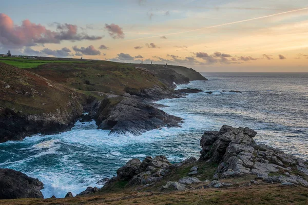 Beautiful Sunset Landscape Image Cornwall Cliff Coastline Tin Mines Background — Stock Photo, Image