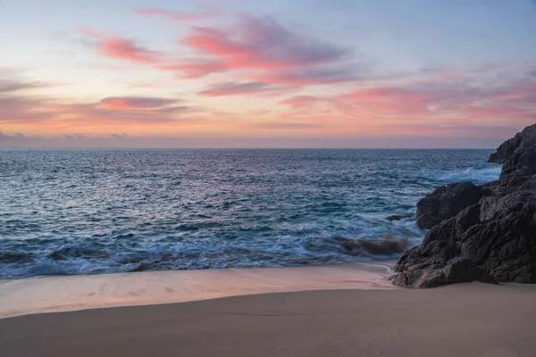 Beautiful Sunrise Landscape Porthcurno Beach Cornwall England Stunning Colours Mood — Stock Photo, Image