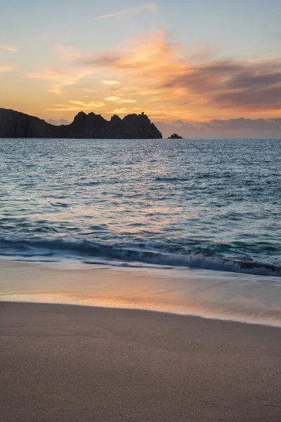 Beautiful Sunrise Landscape Porthcurno Beach Cornwall England Stunning Colours Mood — Stock Photo, Image