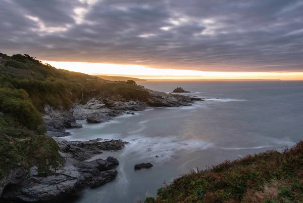 Moody Landscape Sunrise Image Prussia Cove Cornwall England Atmospheric Sky — Stock Photo, Image