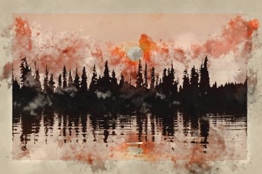 Bahar güneşinin gölün üzerinde doğuşunun dijital suluboya resmi. Şafak, suyu sissiz bir şekilde dağıtıyor. Atmosfer ekliyor.