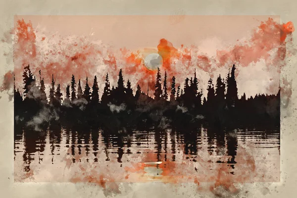 Bahar Güneşinin Gölün Üzerinde Doğuşunun Dijital Suluboya Resmi Şafak Suyu — Stok fotoğraf