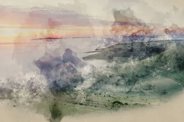 Cyfrowe Malarstwo Akwarelowe Piękny Obraz Drona Krajobraz Morza Mgły Toczenia — Zdjęcie stockowe