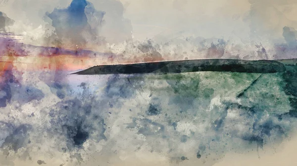Digitale Aquarellmalerei Von Schöne Drohne Landschaft Bild Von Nebelmeer Rollt — Stockfoto