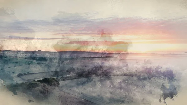 春の日の出の間に南ダウン英語の田舎を渡って圧延霧の海の美しい無人偵察機の風景画像のデジタル水彩画 — ストック写真