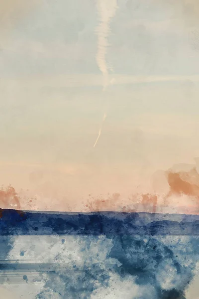 Digitale Aquarellmalerei Von Schöne Landschaft Bild Von Pastellfarbenem Sonnenuntergang Über — Stockfoto