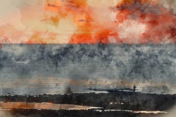 Digitale Aquarel Schilderij Van Prachtige Dramatische Diepe Levendige Zonsondergang Oceaan — Stockfoto