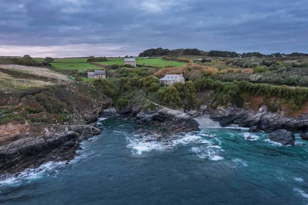 Stunning Aerial Drone Landscape Image Prussia Cove Sunrise Cornwall England — Stock Photo, Image