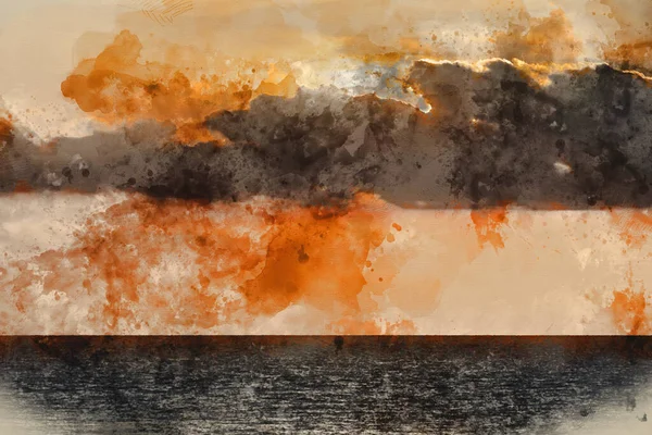 Digitális Akvarell Kép Lenyűgöző Drámai Mély Élénk Naplemente Felett Óceán — Stock Fotó