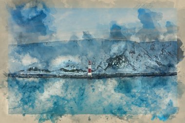 Digitally created watercolour painting of Beautiful Summer sunrise landscape image of Beachy Head Lighthouse in South Downs National Park in England