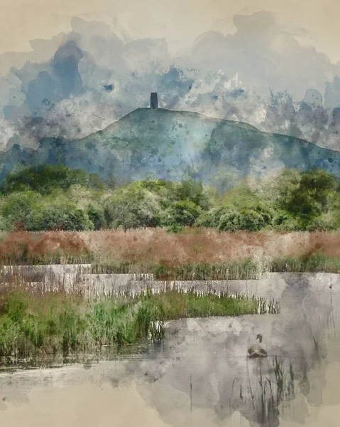 Digitally Created Watercolour Painting Beautiful Landscape Image Glastonbury Tor Somerset — Zdjęcie stockowe