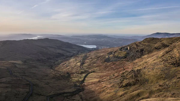 Aerial Drone Landscape Image Sunrise Winter View Red Screes Lake — Stok fotoğraf