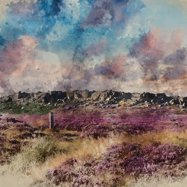 Digital Akvarellmålning Vacker Landskapsbild Slutet Sommaren Stanage Edge Peak District — Stockfoto