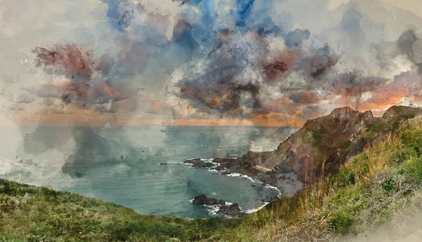 Digital Watercolour Painting Beautiful Sunrise Landscape Image Devon Coastline England — Stock Photo, Image